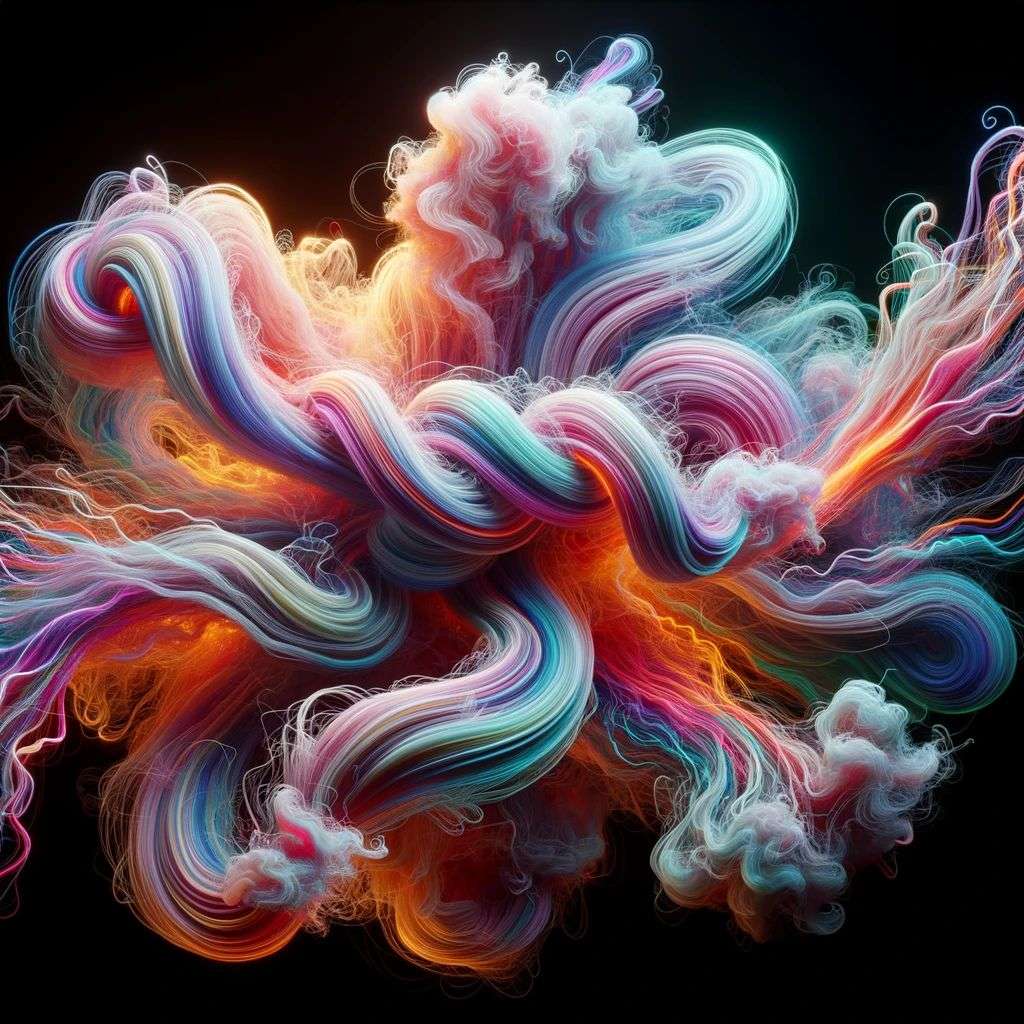 a representation of anxiety made of very detailed curling wispy glowing multicolored smoke, digital art, volumetric, 3D render, Octane render